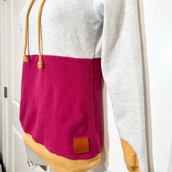 & Colorblock Cowl Neck comfy unique Sweatershirt- Gray, Pink, and Yellow size XS - Picture 3 of 5